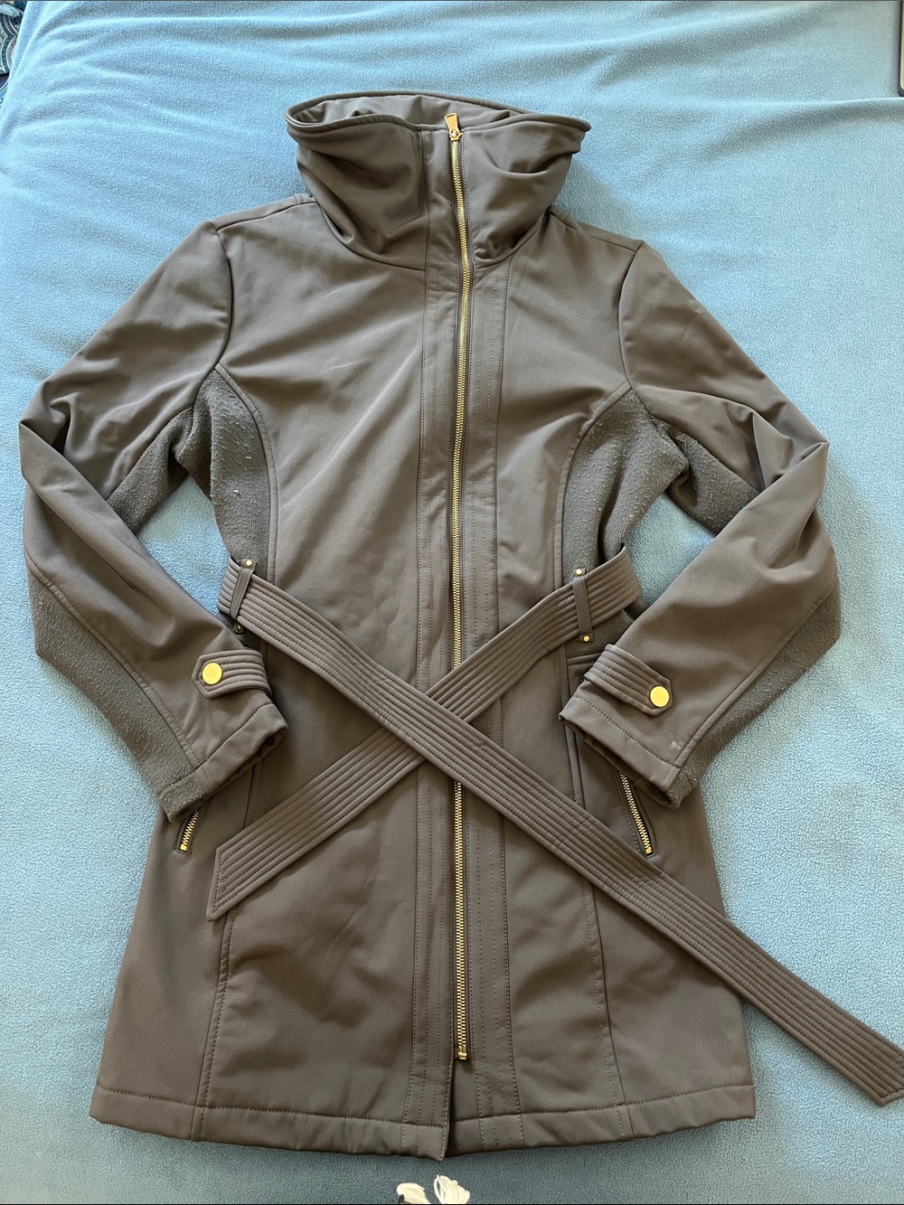 Avanti Gray Belted Funnel Neck Trench Coat with Gold Hardware